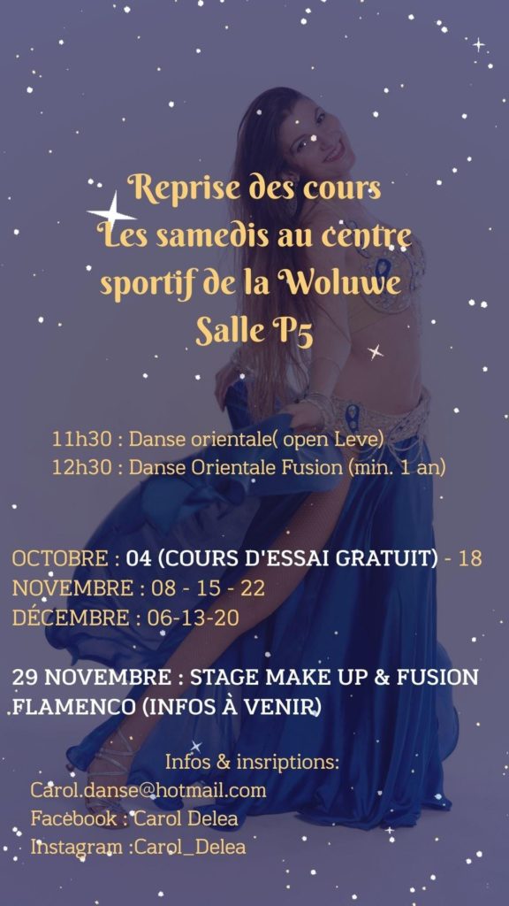 Image with Carol in a blue belly-dance costume and some informations about this year classes.